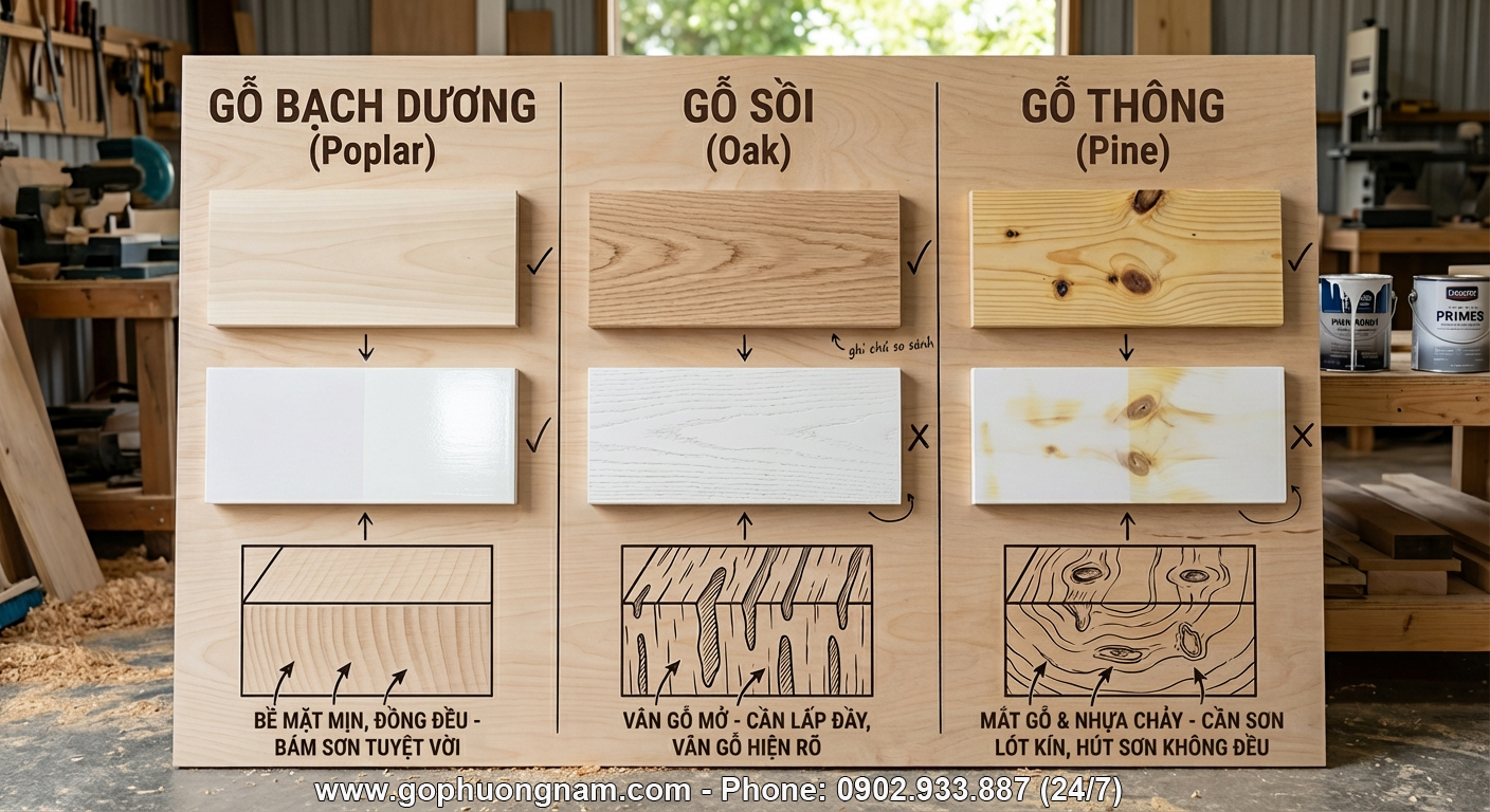 bám sơn của Poplar với gỗ sồi và gỗ thông