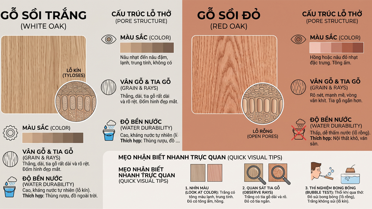 so sánh gỗ sồi trắng gỗ sồi đỏ
