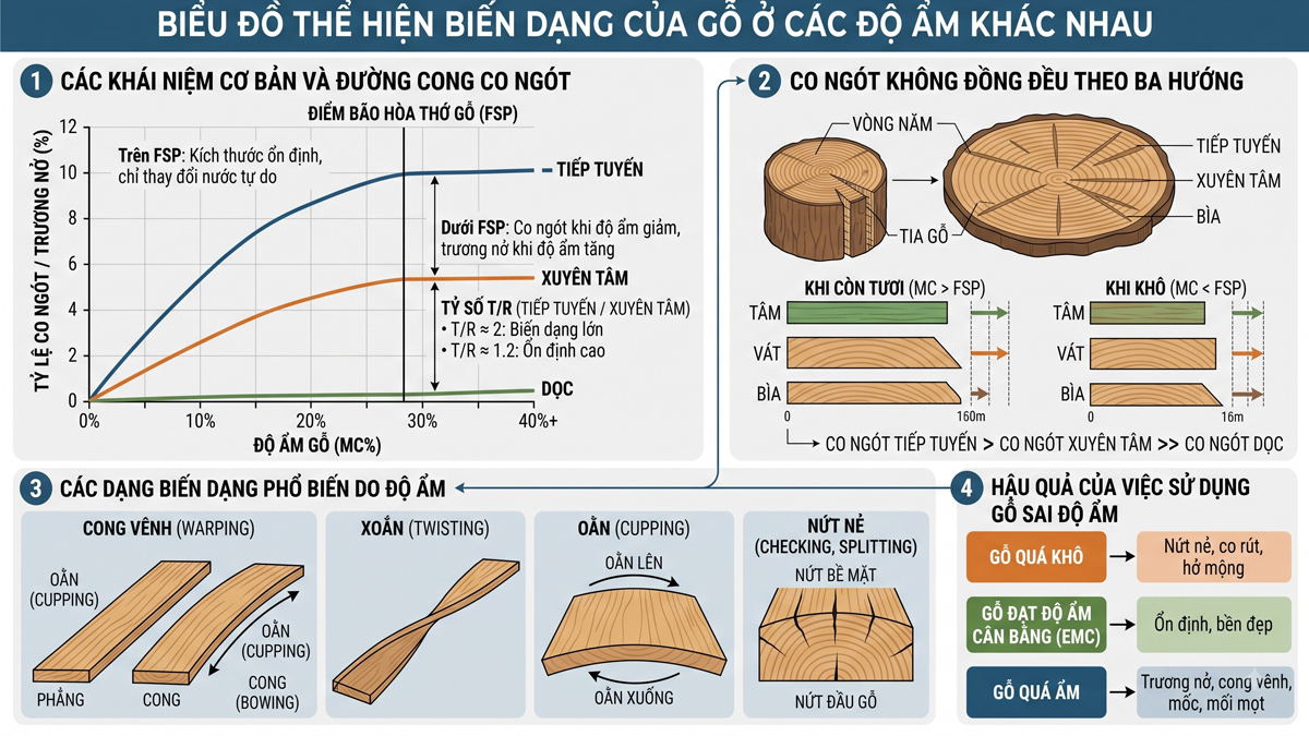 Biểu đồ thể hiện biến dạng của gỗ ở các độ ẩm khác nhau Biểu đồ thể hiện biến dạng của gỗ ở các độ ẩm khác nhau