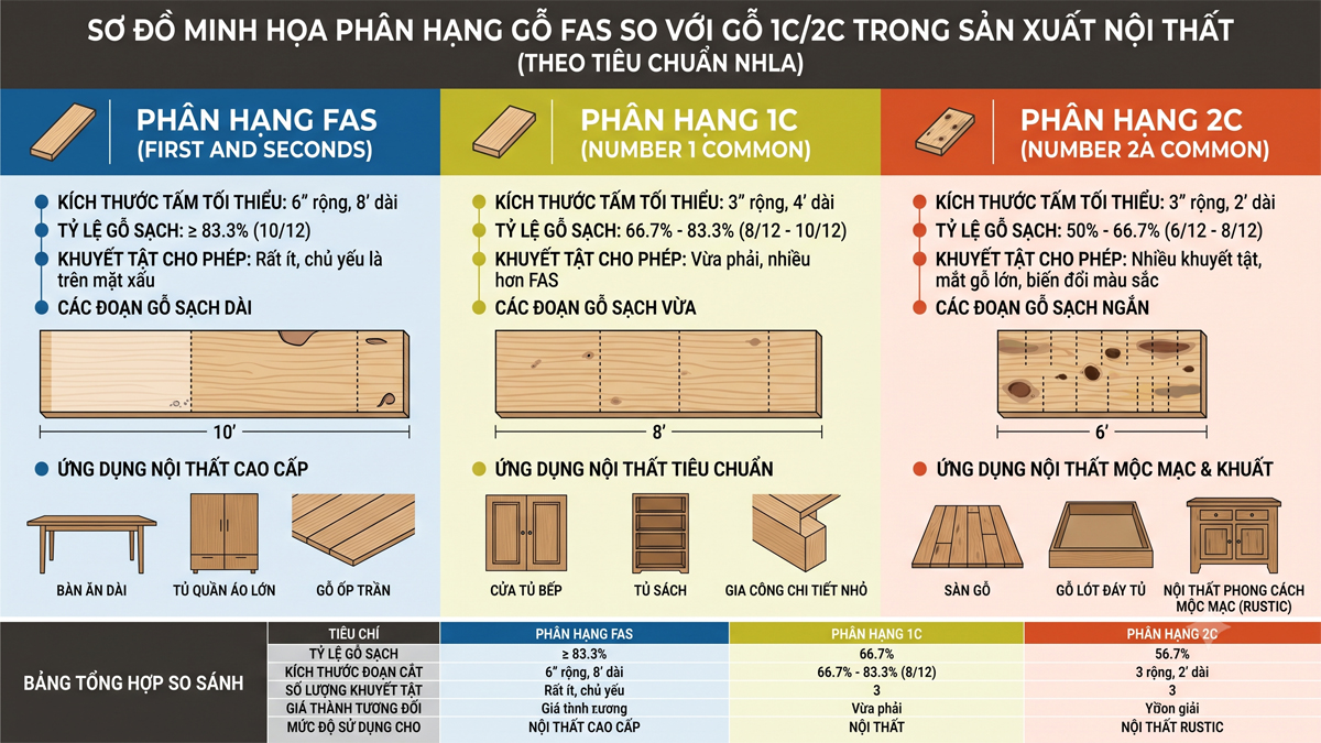 phân hạng gỗ FAS so với gỗ 1C/2C trong sản xuất