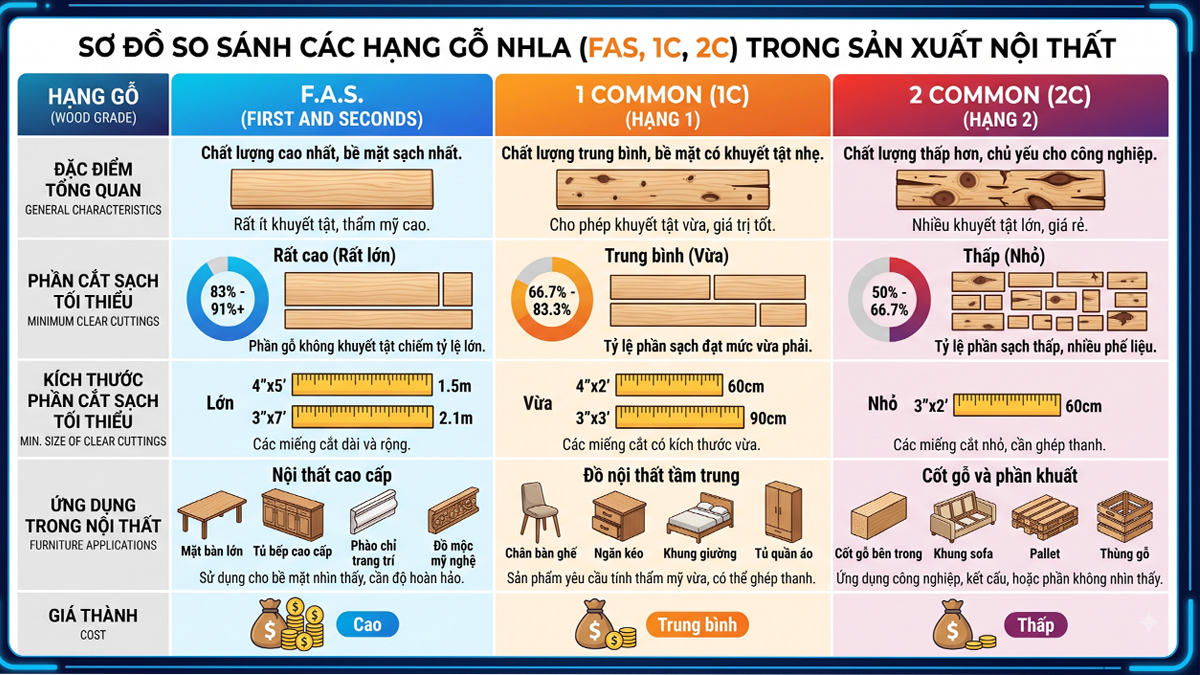 Sơ đồ so sánh các hạng gỗ FAS, 1C, 2C trong sản xuất nội thất Sơ đồ so sánh các hạng gỗ FAS, 1C, 2C trong sản xuất nội thất