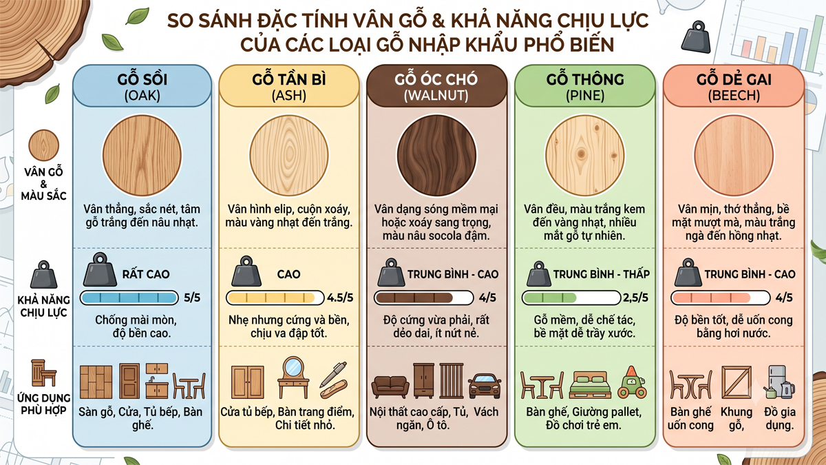 so sánh đặc tính vân gỗ và khả năng chịu lực
