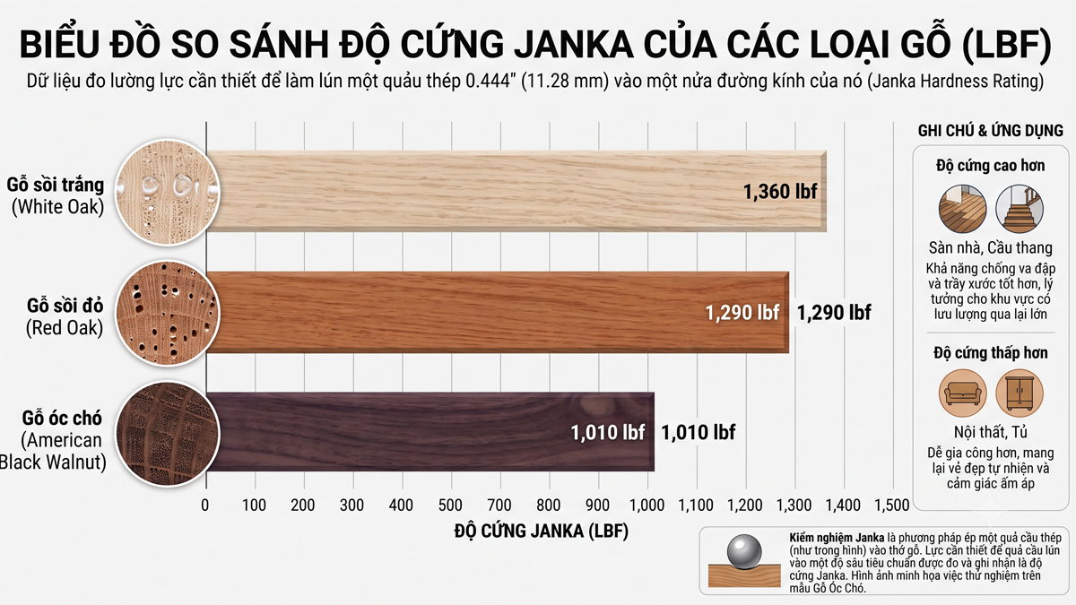 So sánh độ cứng Janka của gỗ sồi trắng so với gỗ sồi đỏ và gỗ óc chó so sánh độ cứng Janka của gỗ sồi trắng so với gỗ sồi đỏ và gỗ óc chó