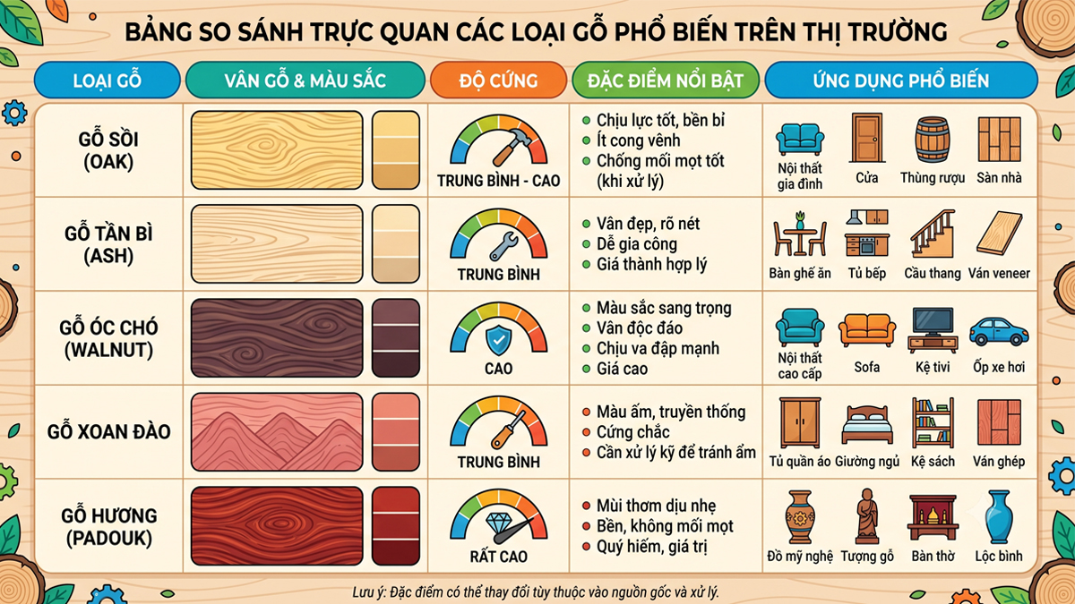 So sánh trực quan các loại gỗ phổ biến trên thị trường so sánh trực quan các loại gỗ phổ biến trên thị trường