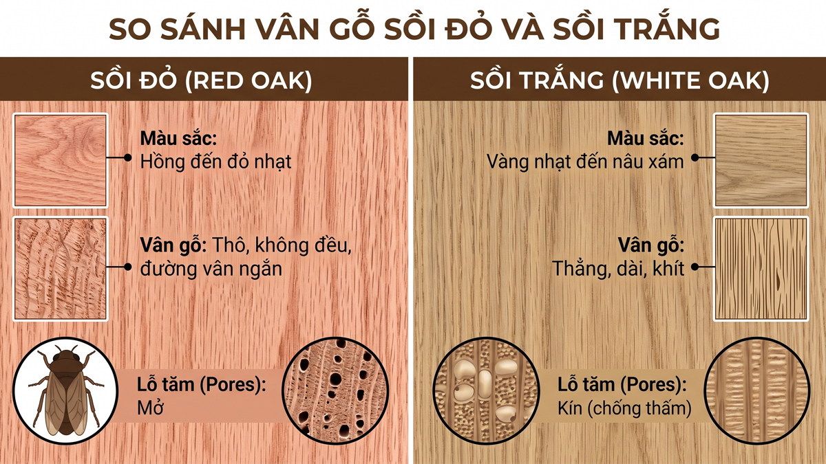 So sánh vân gỗ sồi đỏ và sồi trắng