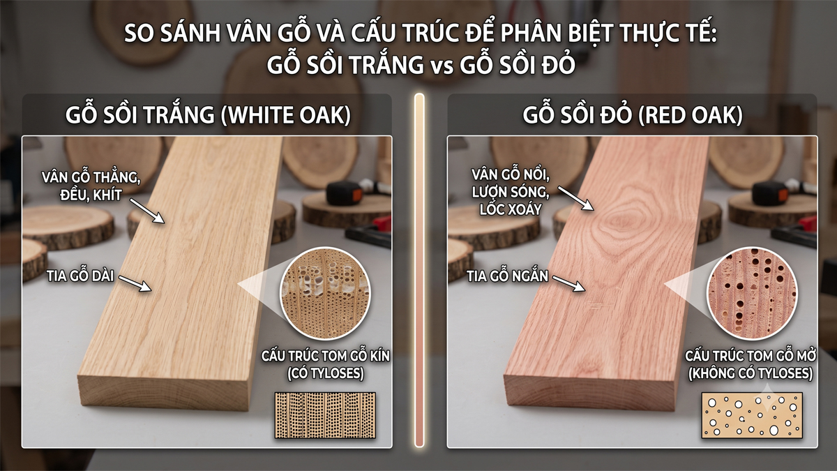 So sánh vân gỗ sồi trắng sồi đỏ So sánh vân gỗ sồi trắng sồi đỏ