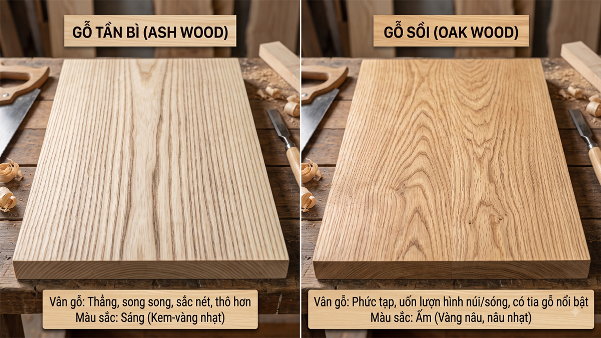 So sánh vân gỗ thực tế giữa Tần bì và Sồi So sánh vân gỗ thực tế giữa Tần bì và Sồi