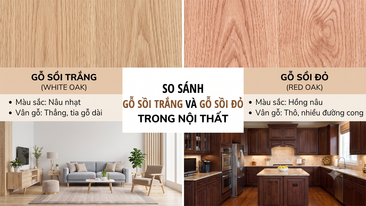 So sánh vân gỗ sồi trắng và sồi đỏ trong nội thất So sánh vân gỗ sồi trắng và sồi đỏ trong nội thất