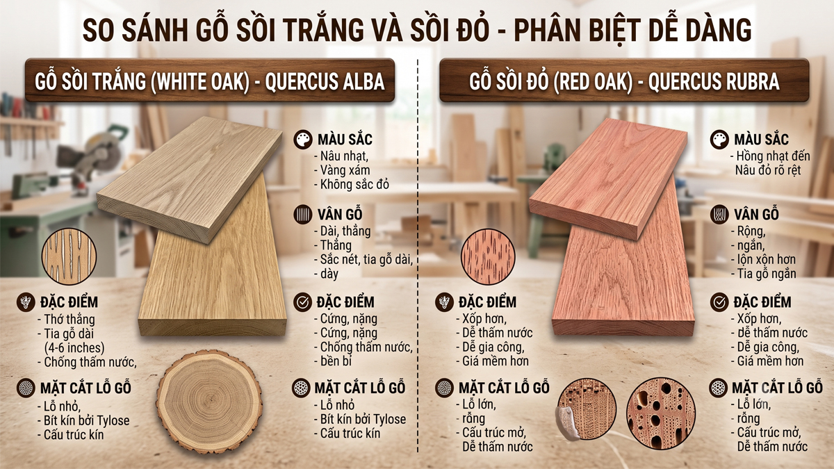 So sánh vân gỗ sồi trắng và sồi đỏ So sánh vân gỗ sồi trắng và sồi đỏ