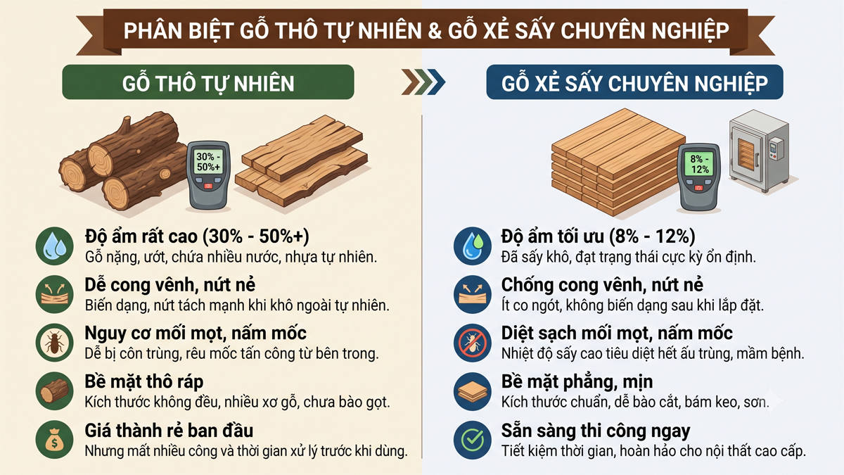 Minh họa khác biệt giữa gỗ xẻ sấy và gỗ thô tự nhiên minh họa khác biệt giữa gỗ xẻ sấy và gỗ thô tự nhiên